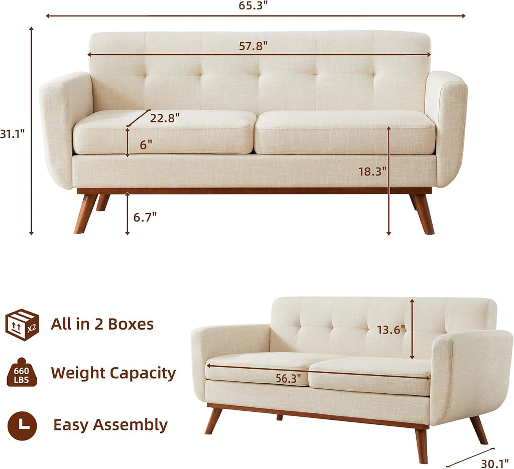Tbfit Loveseat Sofa, Mid-Century Love Seat Couches, Boucle Small Sofa for Living Room, Bedroom, Office, Button Tufted Upholstered Furniture, Beige
