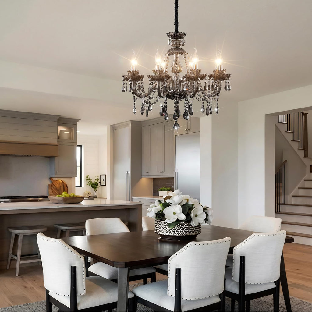 Luxurious Smoky Gray Crystal Chandelier for Living Room, Antique 6-Lights Teardrop Candle Chandelier Pendant Ceiling Lighting Fixture for Kitchen Dinner Party Closet Entryway of CRYSTOP