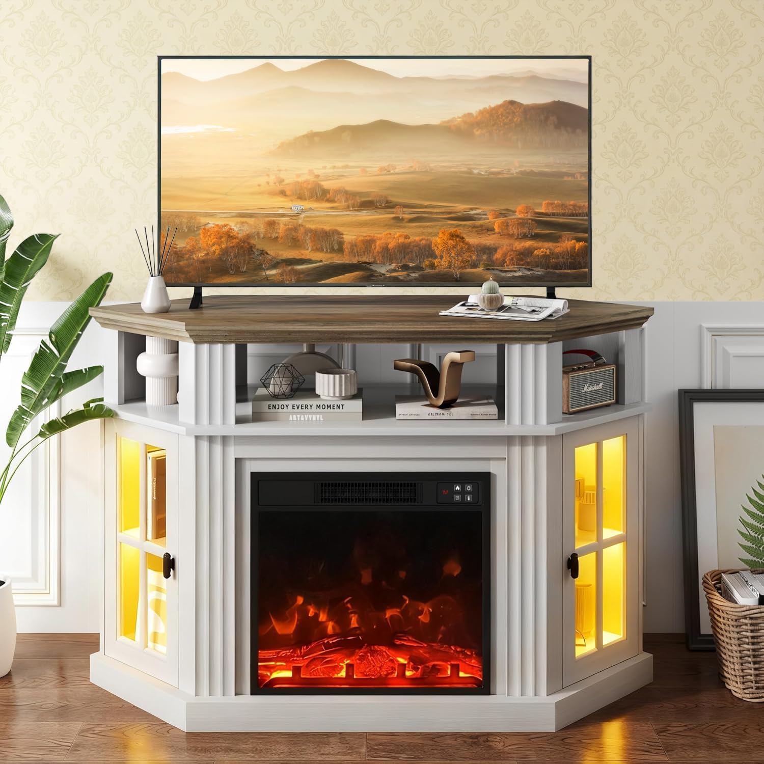 YESHOMY LED Corner Fireplace TV Stand with Mood Lighting, for TVs up to 55' with Storage Cabinets, Entertainment Center, Media Console for Living Room, Bedroom, White