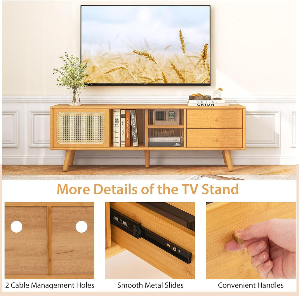 Tangkula Mid Century Modern TV Stand for TVs up to 65', Bamboo Entertainment Center w/Glass & PE Rattan Sliding Doors, 2 Drawers, Adjustable Shelf, Wood Legs, Media Console for Living Room