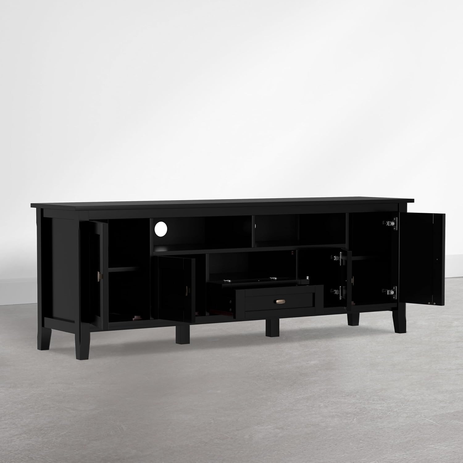 SIMPLIHOME Warm Shaker TV Stand - 72 inch Wide Solid Wood Media Console in Deep Black, Transitional Entertainment Center for Living Room for TVs up to 80 Inches with Cabinets and Cable Management