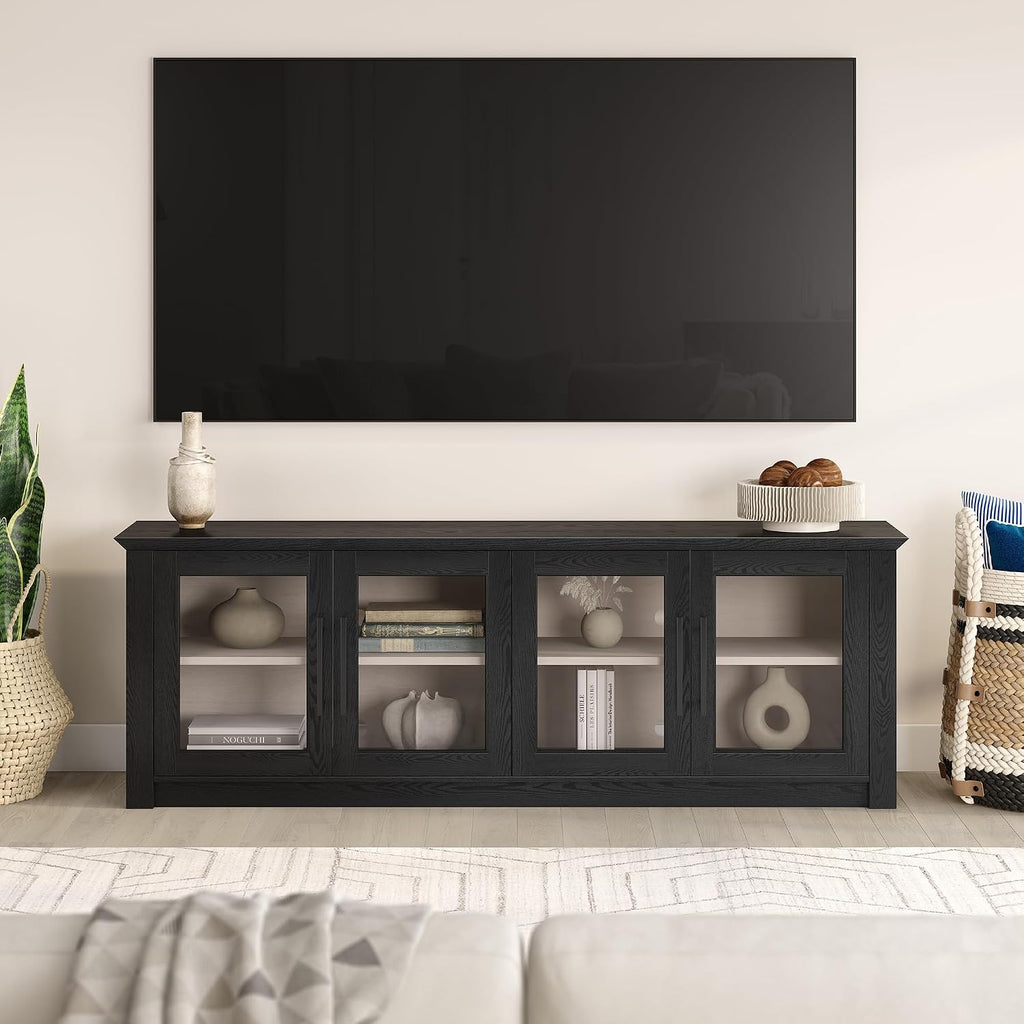 Henn&Hart TV Stand for TVs up to 78' with 2 Display Cabinets and Adjustable Shelves for Living Room, Family Room, or Office, Natural Black/Beech White