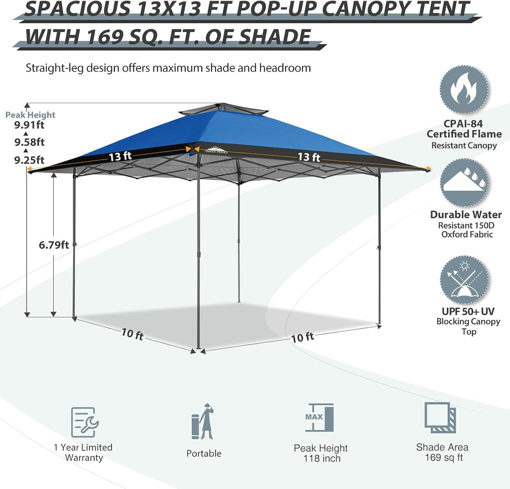 EAGLE PEAK 13x13 Straight Leg Pop Up Canopy Tent Instant Outdoor Canopy Easy Single Person Set up Folding Shelter w/Auto Extending Eaves 169 Square Feet of Shade (Blue/Black)