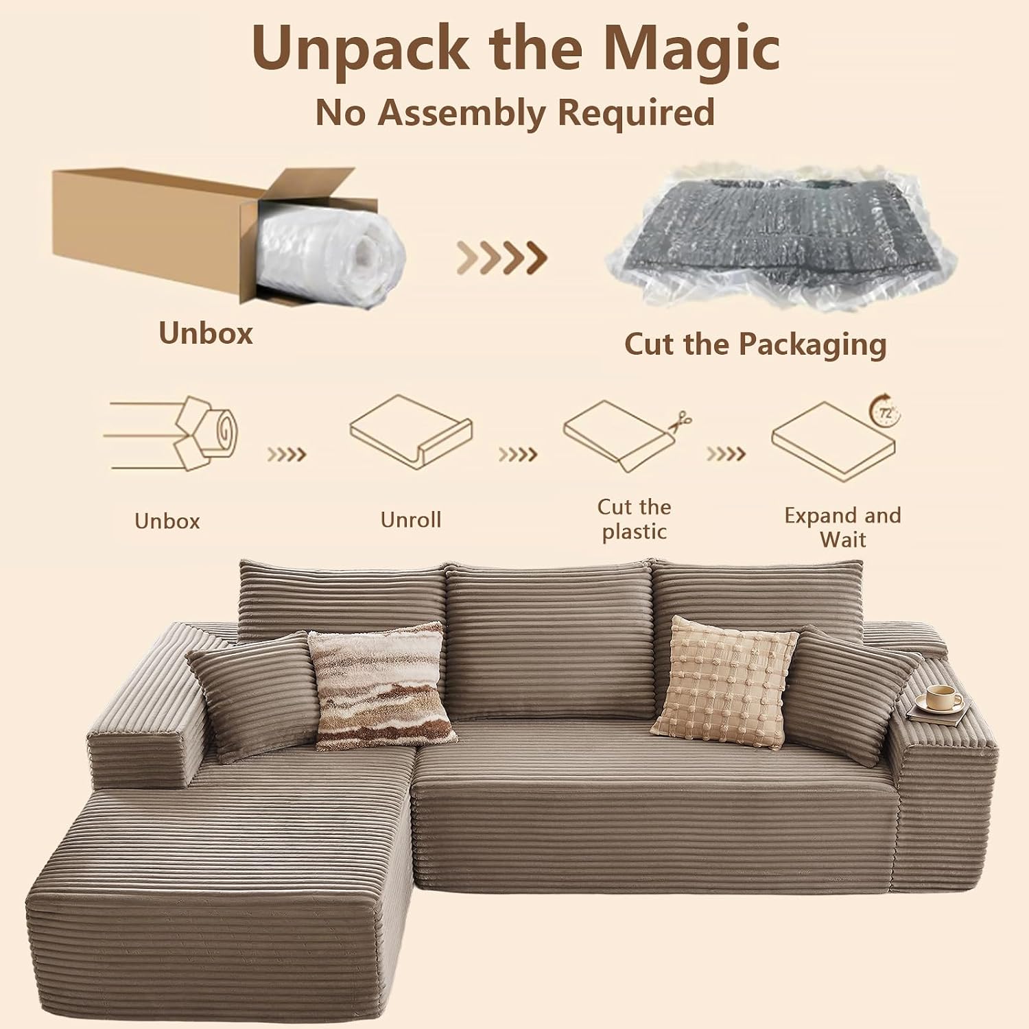 96' Modular Sectional Sofa, Modern Corduroy Cloud Couch with Deep Seat, Boneless Couch Upholstered 3-Seater L-Shaped Sofa for Living Room, No Assembly Required (Camel, Left-Facing Chaise)