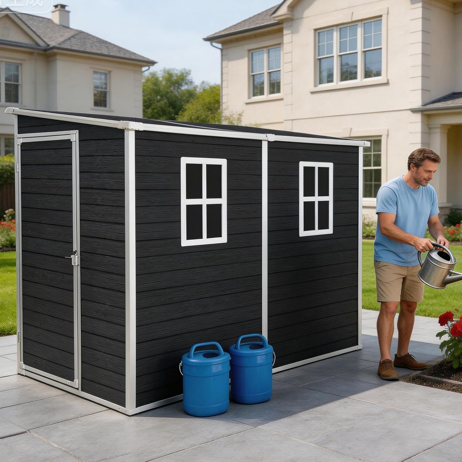 Storage Shed, 4x8ft Outdoor Storage Shed with Floor Included with 2 Windows and Lockable Door, Resin Sheds for House Garden Tools, Bike, Motorcycle, Lawn Mover, Lean to Shed, Black