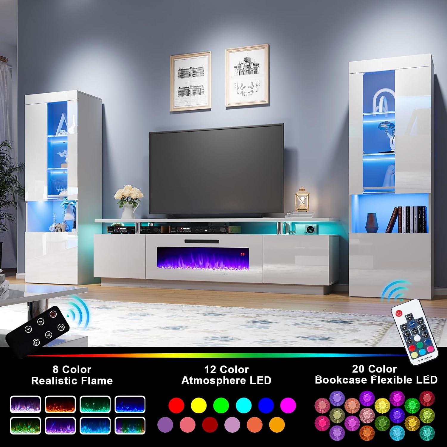 AMERLIFE Entertainment Center with Fireplace and Bookcases, Includes 80' 2-Tier Fireplace TV Stand with 40' Fireplace, 2 x High Gloss Bookshelves with LED Lights & Glass Doors, White