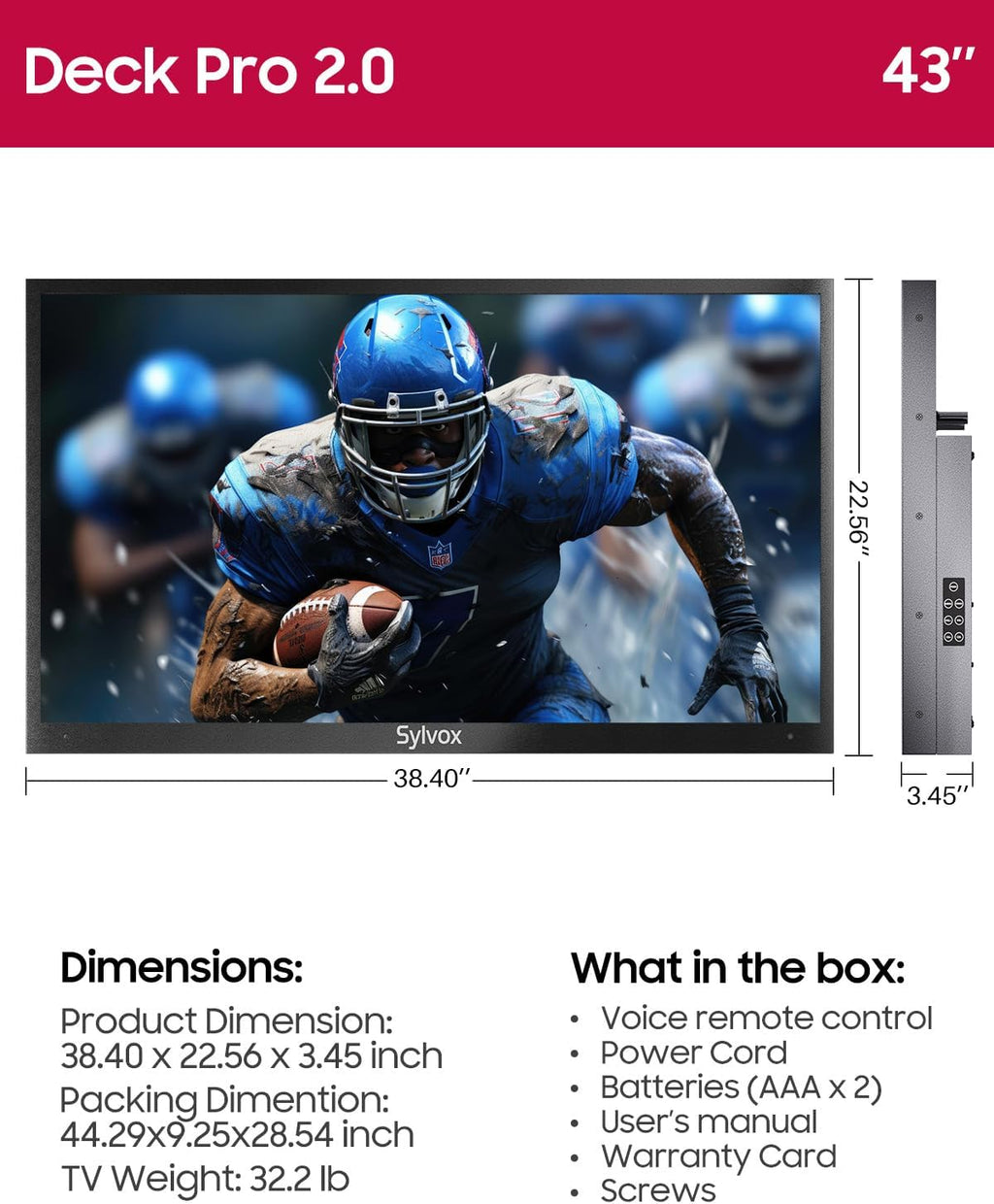SYLVOX Outdoor TV, 43 inch Waterproof Smart Outdoor TVs, 4K, HDR 10, Weatherproof,1000nits, Voice Assistant Remote, for Partial Sun Area(Deck Pro 3.0, Latest Model)