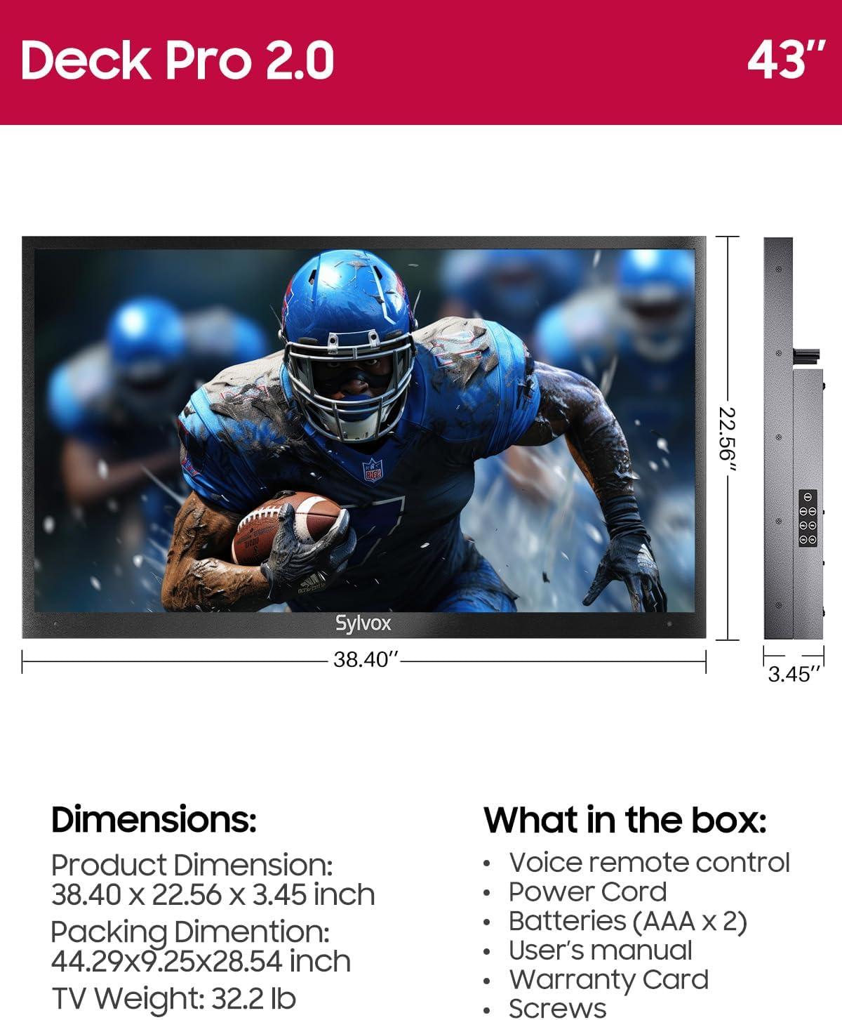 SYLVOX Outdoor TV, 43 inch Waterproof Smart Outdoor TVs, 4K, HDR 10, Weatherproof,1000nits, Voice Assistant Remote, for Partial Sun Area(Deck Pro 3.0, Latest Model)