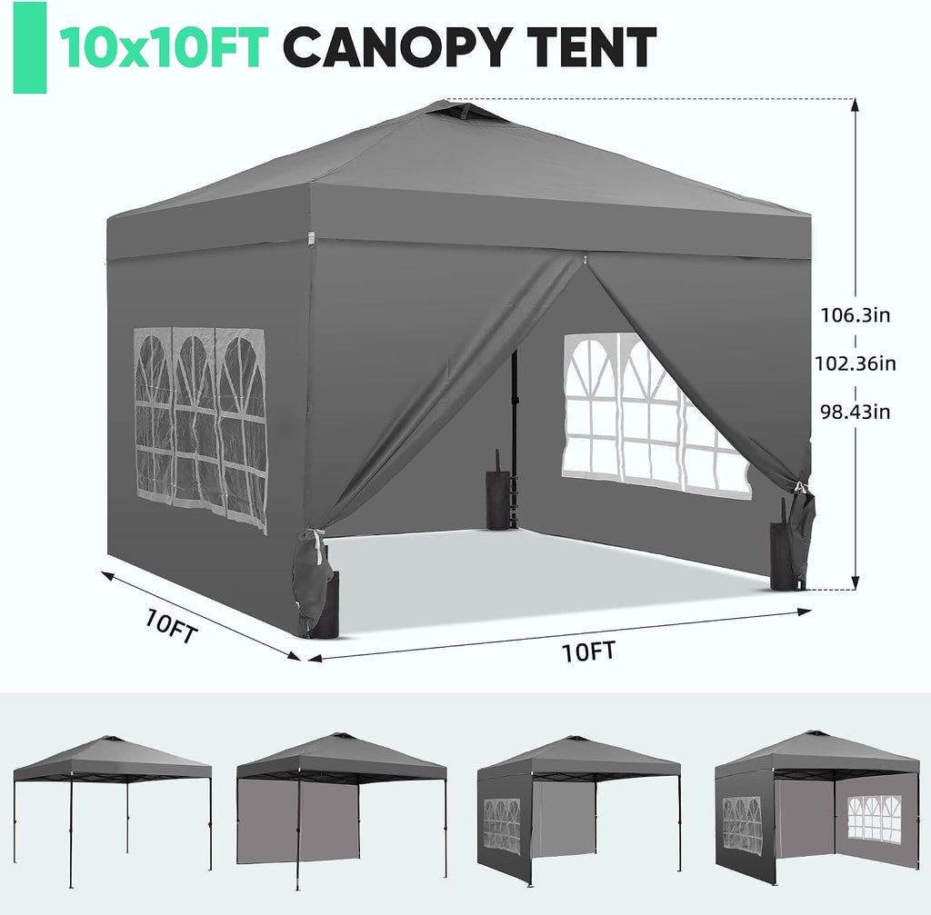 10x10 Pop Up Canopy Tent with One Push Setup, Portable Sun Shade Tent, Instant Easy Up Canopy with 4-Sidewalls & Wheeled Bag, Outdoor Fldable Gazebo with Vent Top, Grey.