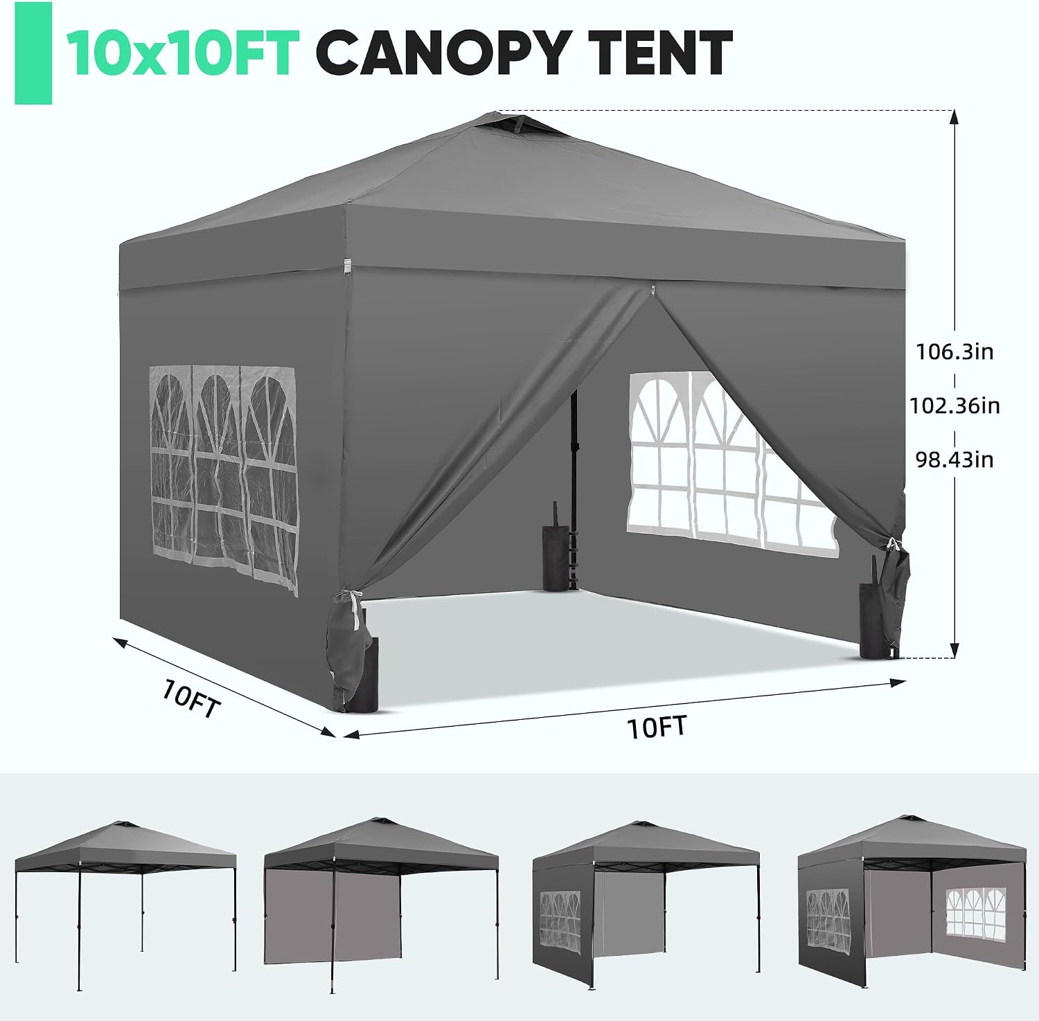 10x10 Pop Up Canopy Tent with One Push Setup, Portable Sun Shade Tent, Instant Easy Up Canopy with 4-Sidewalls & Wheeled Bag, Outdoor Fldable Gazebo with Vent Top, Grey.