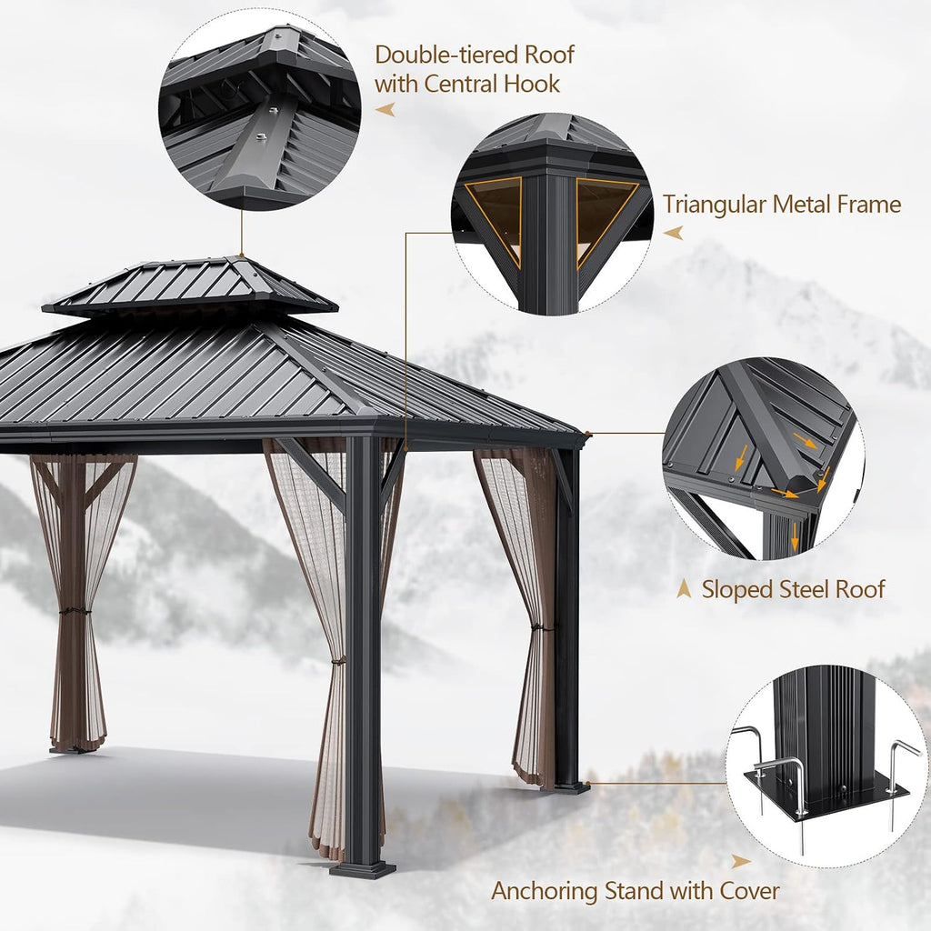 Tangkula 12ft x 10ft Hardtop Gazebo, 2-Tier Outdoor Gazebo w/Double Vented Roof & Central Hook, Galvanized Steel Frame Patio Sun Shelter for Lawn Backyard Poolside Deck (Brown)