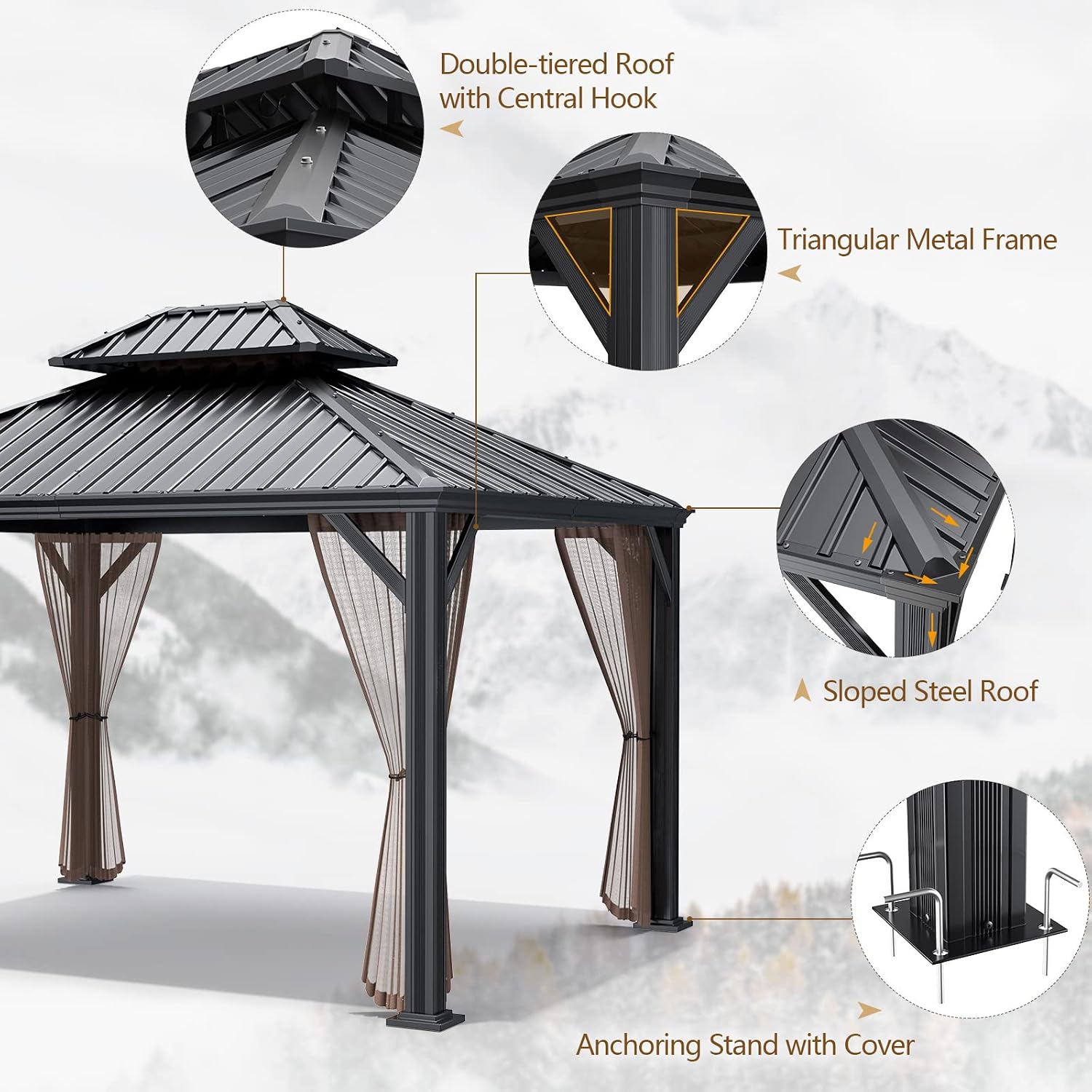 Tangkula 12ft x 10ft Hardtop Gazebo, 2-Tier Outdoor Gazebo w/Double Vented Roof & Central Hook, Galvanized Steel Frame Patio Sun Shelter for Lawn Backyard Poolside Deck (Brown)