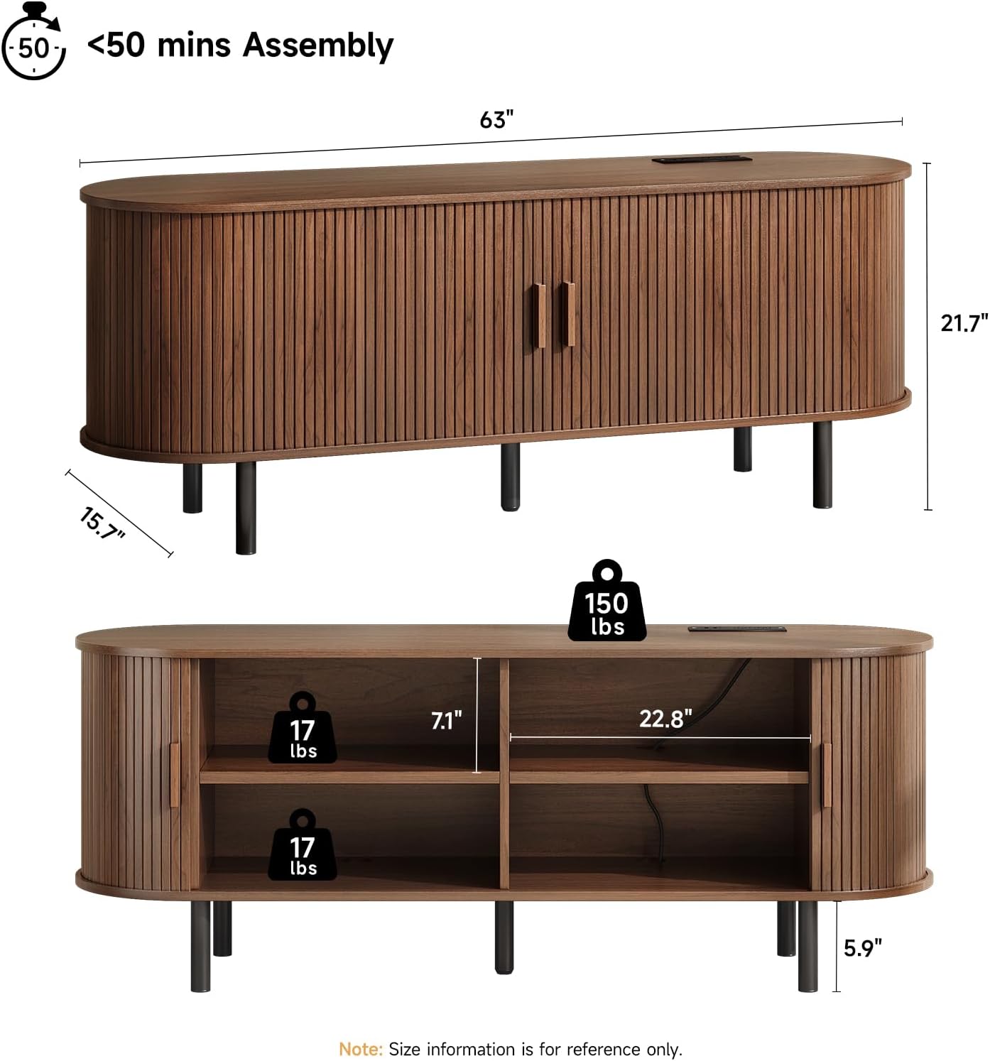 ONBRILL 63' TV Stand with Power Outlet for TVs up to 70 Inch, Entertainment Center with Storage and Adjustable Shelves, Modern Media Console with Sliding Doors for Living Room, Walnut