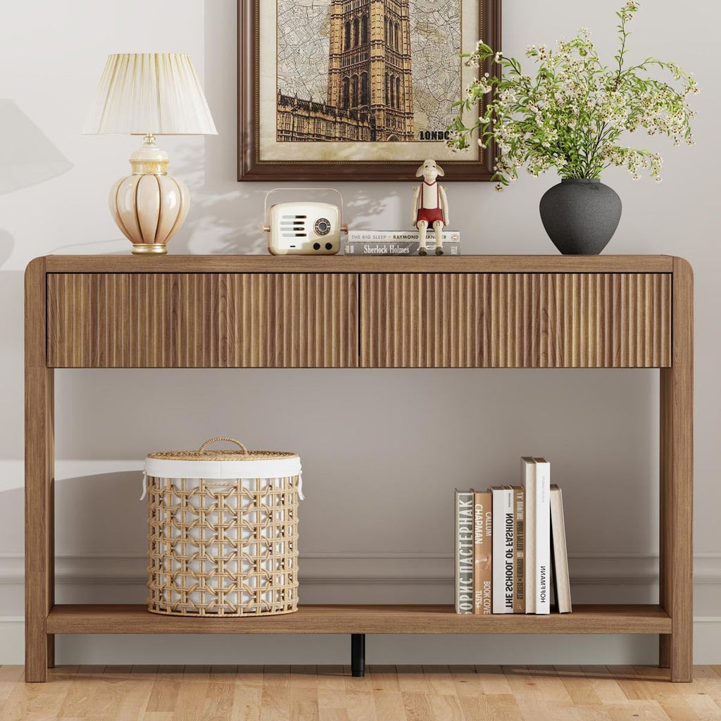 FATORRI Console Sofa Table for Entryway, Wood Foyer Tables for Living Room, Farmhouse Couch Table behinde Sofa with 2 Drawers for Hallway Storage (47.2 inch, Walnut)
