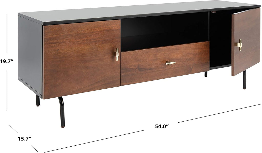 SAFAVIEH Genevieve TV Stand for up to 65' Flatscreen – Black & Walnut Brown Finish, Mid-Century Modern Storage Cabinet, Entertainment Media Console (MED5000F)