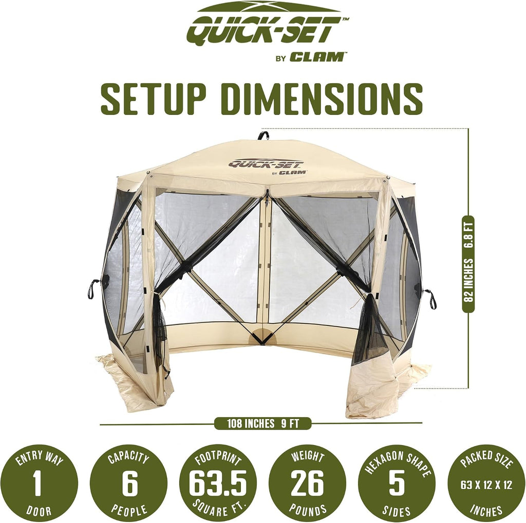 CLAM Venture 9' x 9' Pop-Up Screen Tent – Tan Portable 5-Sided Outdoor Gazebo Canopy with Mesh Netting, Carry Bag, Stakes & Tie-Downs – Instant Setup Shelter for Camping, Picnics & Events