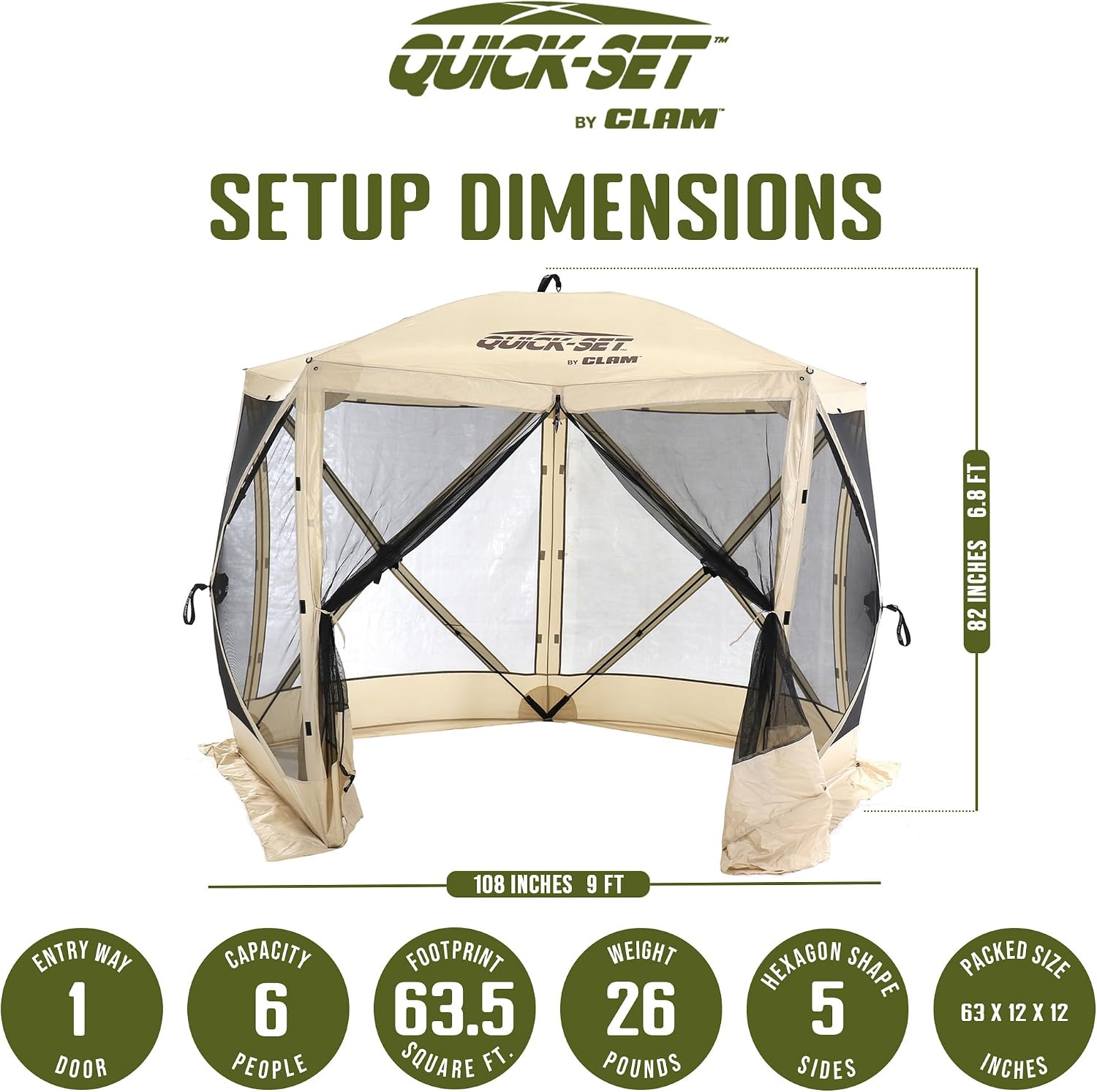 CLAM Venture 9' x 9' Pop-Up Screen Tent – Tan Portable 5-Sided Outdoor Gazebo Canopy with Mesh Netting, Carry Bag, Stakes & Tie-Downs – Instant Setup Shelter for Camping, Picnics & Events