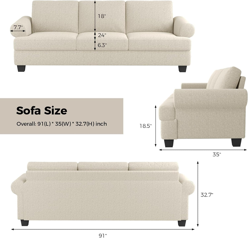 COPIAE 91 Inch Lawson Sofa with Extra Deep Seats Oversize, Mid-Century 3-Seat Sofa Couch, for Living Room, Apartment, Lounge, White