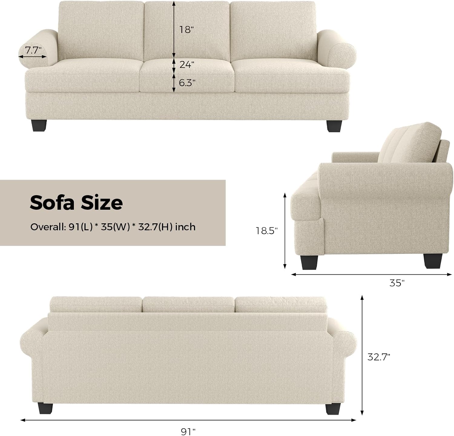 COPIAE 91 Inch Lawson Sofa with Extra Deep Seats Oversize, Mid-Century 3-Seat Sofa Couch, for Living Room, Apartment, Lounge, White