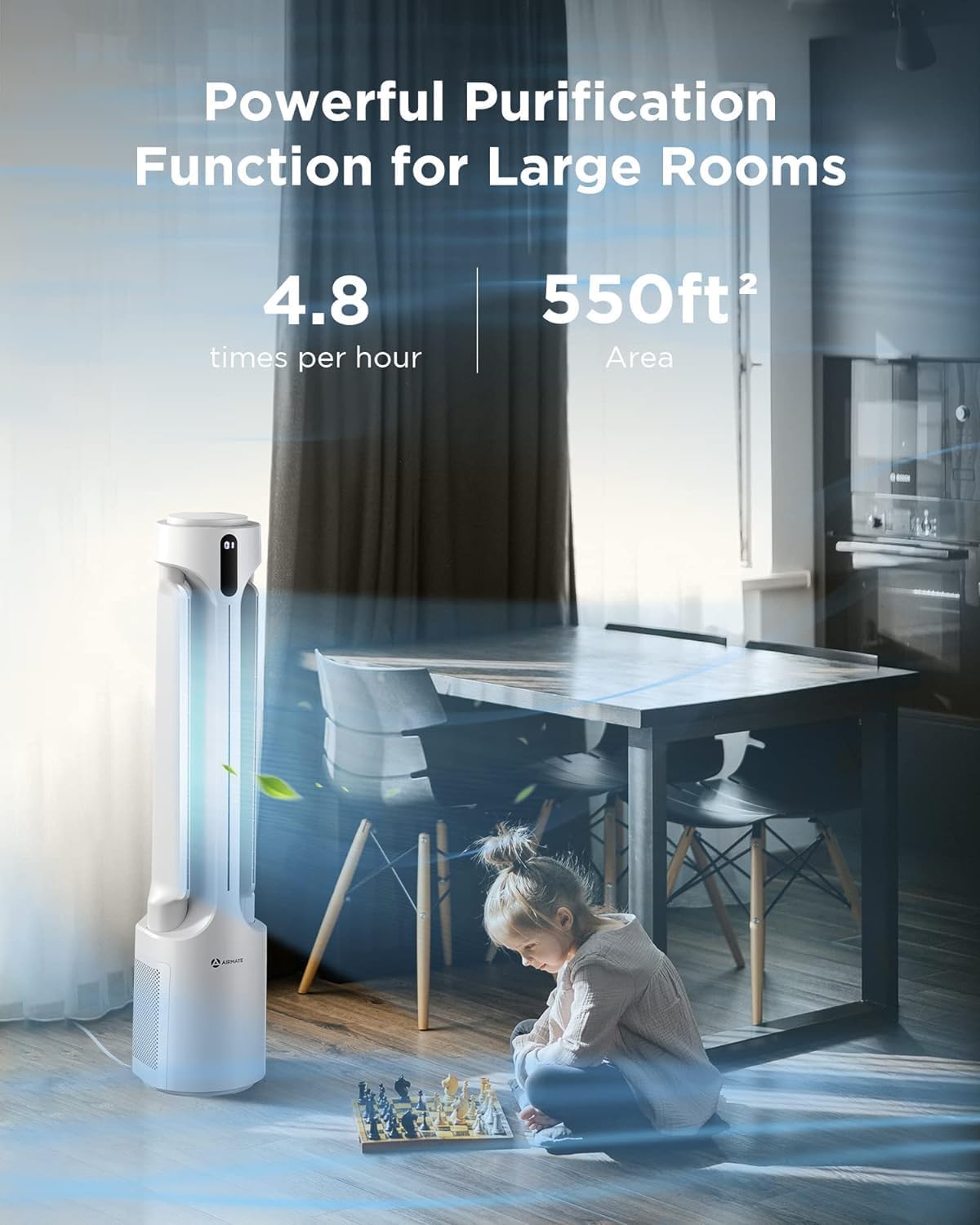AIRMATE Air Purifier Bladeless Tower Fans, 1500CFM Large Air Volume, 45' 2-in-1 Standing Fan for Bedroom & Home, 28ft/s Velocity, 90° Oscillation, 24H Timer, Low Noise, White
