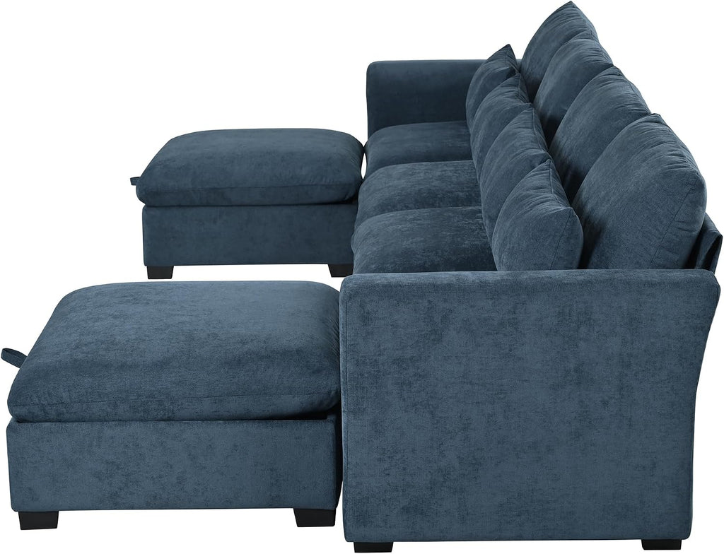 LUMISOL Sectional Sofa with Movable Ottomans, U-Shaped Linen Blend Fabric Couch with Storage Ottomans, 131.9' Upholstered Modular Sofa for Living Room Apartment, Blue