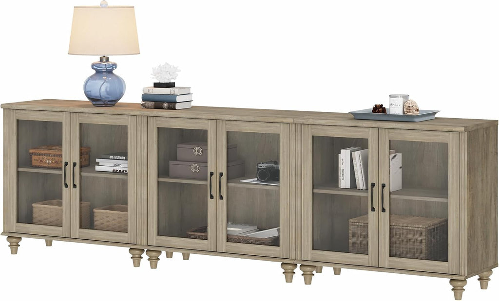 WAMPAT 100 Inch TV Stand with Glass Door, Wood TV Cabinet Entertainment Center for 75/80/85 Inch TV, 3-in-1 Kitchen Buffet Cabinet with 6 Storage Cabinets for Dining Room & Living Room, Wash Grey