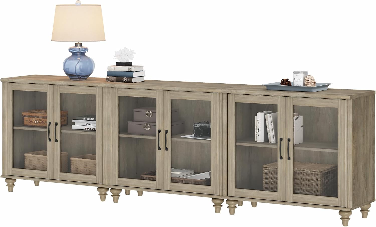 WAMPAT 100 Inch TV Stand with Glass Door, Wood TV Cabinet Entertainment Center for 75/80/85 Inch TV, 3-in-1 Kitchen Buffet Cabinet with 6 Storage Cabinets for Dining Room & Living Room, Wash Grey
