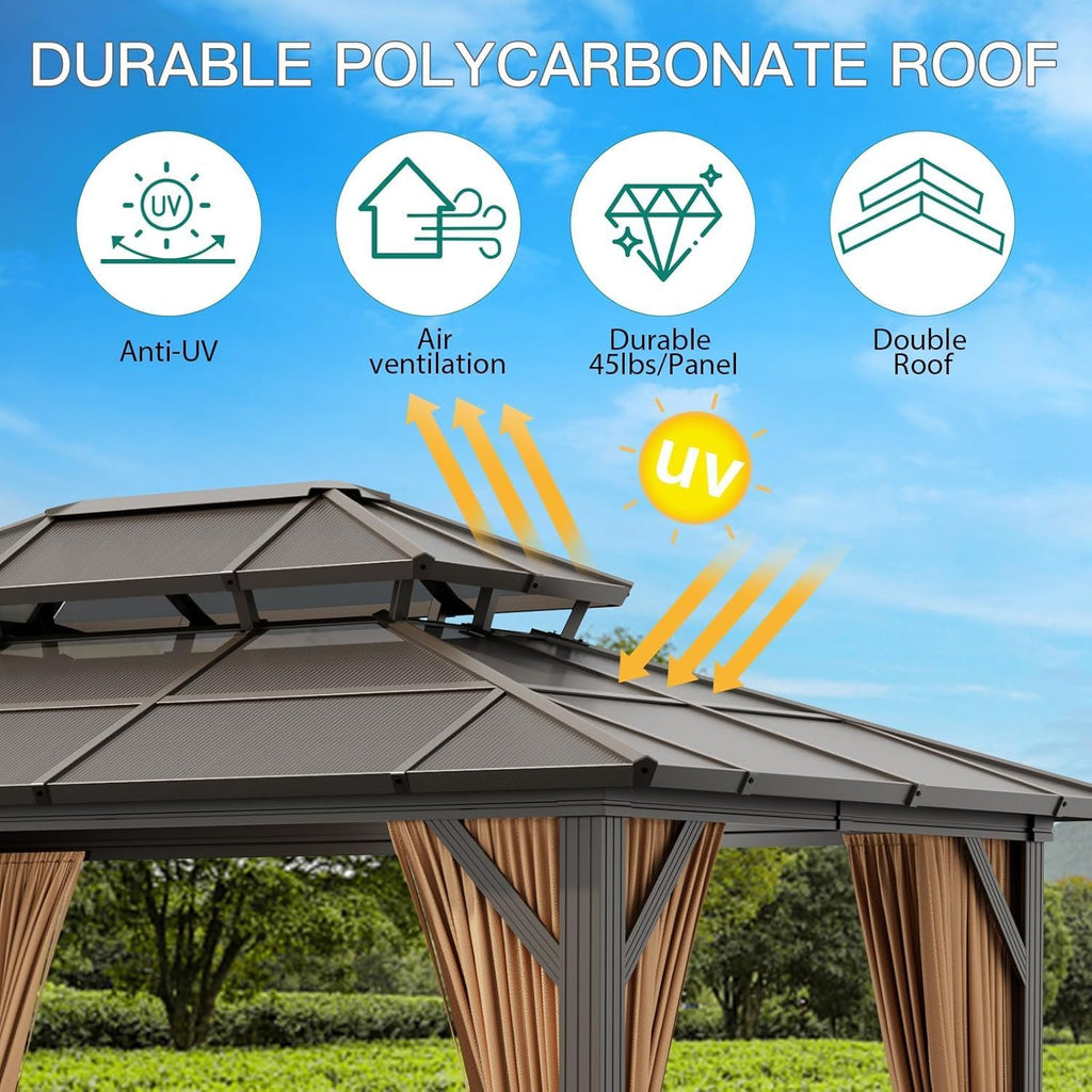 TROPOW 10×13 FT Hardtop Gazebo with Polycarbonate Double Roof, Khaki Aluminum Frame Outdoor Patio Gazebo with 2 Track Curtains & Netting, Water-Drainage, UV Protection, Permanent Backyard Canopy