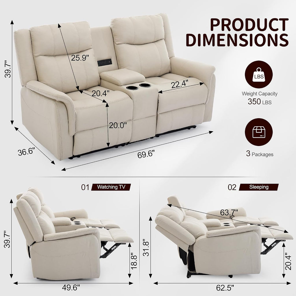 Korser Loveseat Recliner Sofa, Reclining Loveseat Couch, Reclining Couch with Console, USB Port, US Outlets, and Cup Holders, 2-Seater Sofa for Living Room (2-Seater, Khaki)