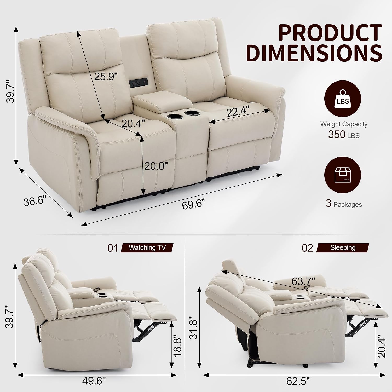 Korser Loveseat Recliner Sofa, Reclining Loveseat Couch, Reclining Couch with Console, USB Port, US Outlets, and Cup Holders, 2-Seater Sofa for Living Room (2-Seater, Khaki)