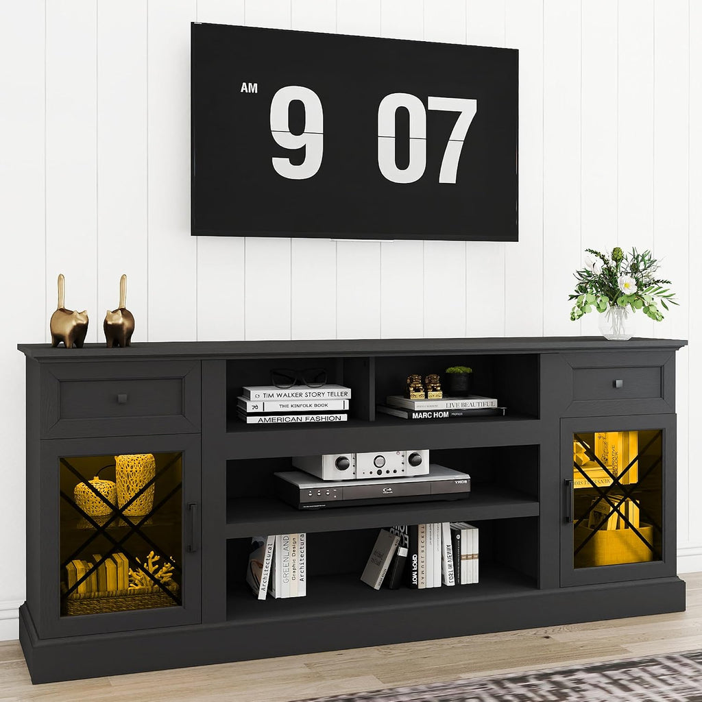 70 Inch Farmhouse TV Stand Table for 75 80 inch TV, Modern Entertainment Center with LED Lights and 2 Drawers, Wooden TV Stands for Living Room (Black)