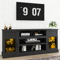 70 Inch Farmhouse TV Stand Table for 75 80 inch TV, Modern Entertainment Center with LED Lights and 2 Drawers, Wooden TV Stands for Living Room (Black)