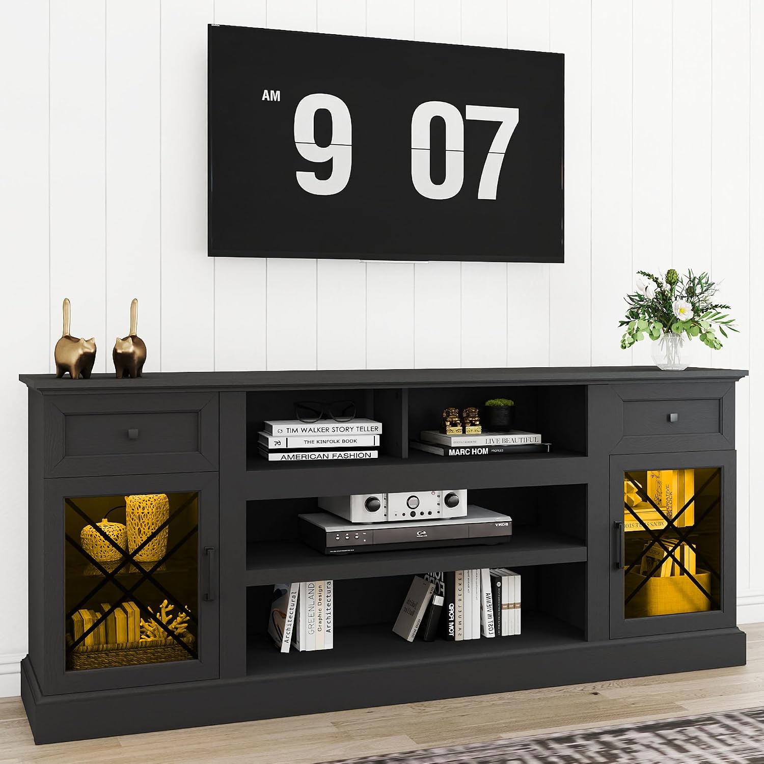 70 Inch Farmhouse TV Stand Table for 75 80 inch TV, Modern Entertainment Center with LED Lights and 2 Drawers, Wooden TV Stands for Living Room (Black)