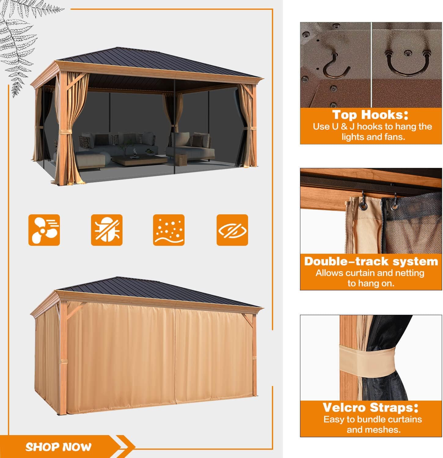 MELLCOM 12'x16' Gazebo, Wood Looking Gazebo with Aluminum Frame and Single Galvanized Steel Roof, Outdoor Permanent Metal Pavilion with Curtains and Nettings for Deck, Backyard and Patio