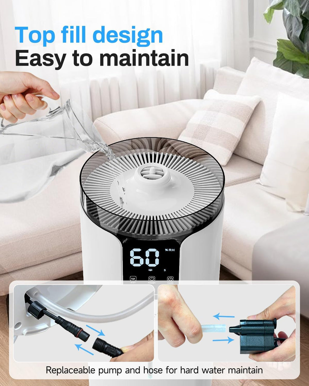 Lacidoll 16L Smart Humidifier large room, Whole house Humidifier for Home 1500 sq.ft with APP/Voice/Remote Control, Ultrasonic Cool Mist Humidifiers for Bedroom, Plants, office with Tube, White