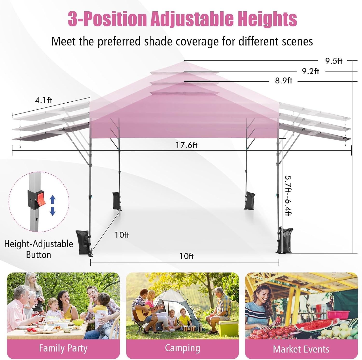 HAPPYGRILL Pop Up Canopy with Dual Awnings 10x17.6 FT, Outdoor Gazebo Shelter with Portable Wheeled Carrying Bag, Easy Setup Instant Tent for Patio Camping Picnic (Pink)