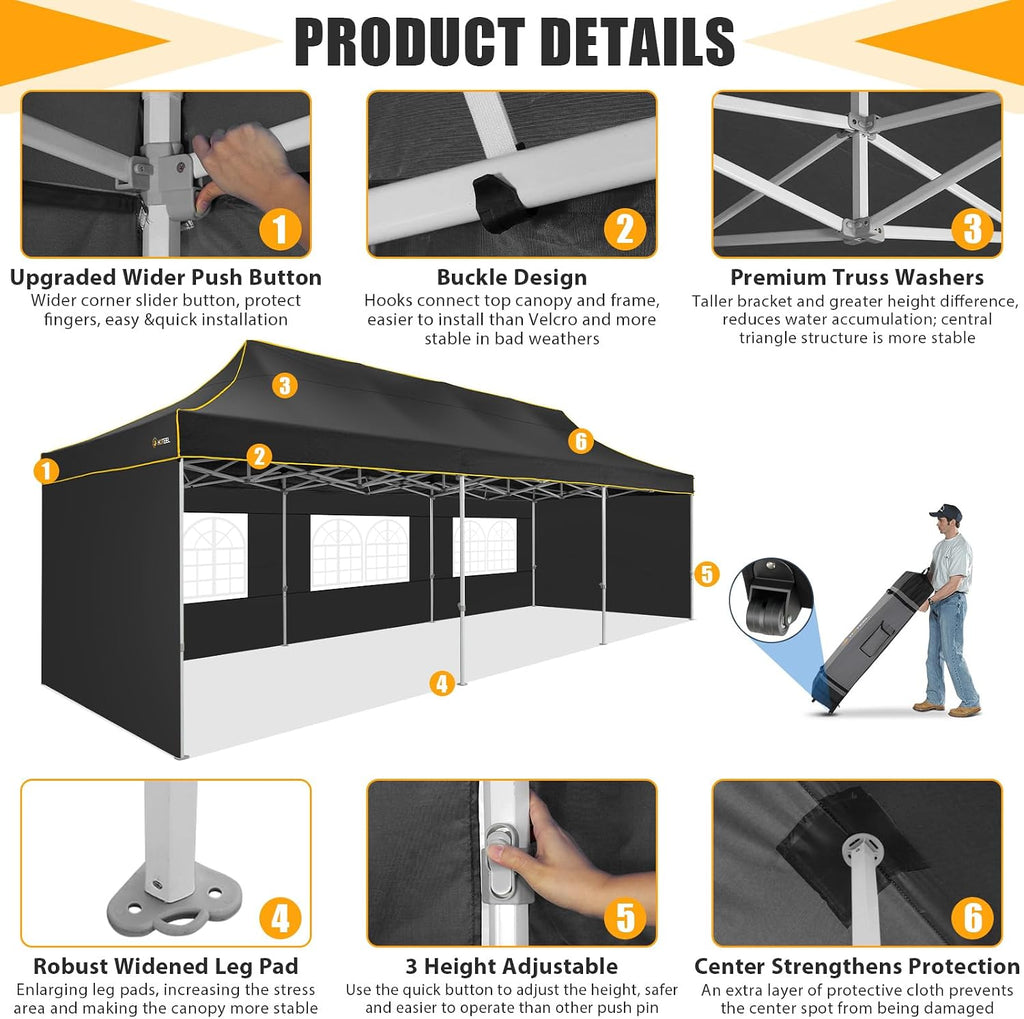 HOTEEL 10x30 Heavy Duty Pop Up Canopy Tent with 5 Sidewalls&Wheeled Bag, Commercial Event Party Tent Wedding Instant Canopy Waterproof, Upgraded Thicked Hexagonal Legs, UV 50+, Black