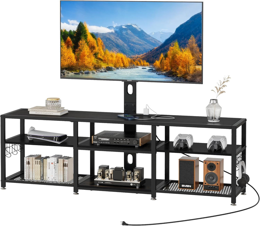 VECELO TV Stand with Mount and Power Outlets, Entertainment Center for 60/65/70/75/80 inch TVs, Height Adjustable Media Console with Storage Shelves, for Living Room, Bedroom, Black