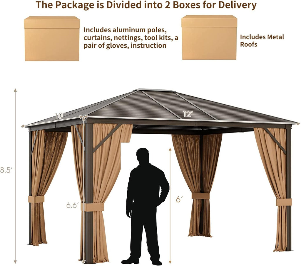 Tangkula 12x10 Ft Hardtop Gazebo, Double-Top Outdoor Gazebo with Galvanized Steel Top, Aluminum Frame, Patio Permanent Gazebo Pavilion with Netting and Curtains for Garden, Lawn, Backyard