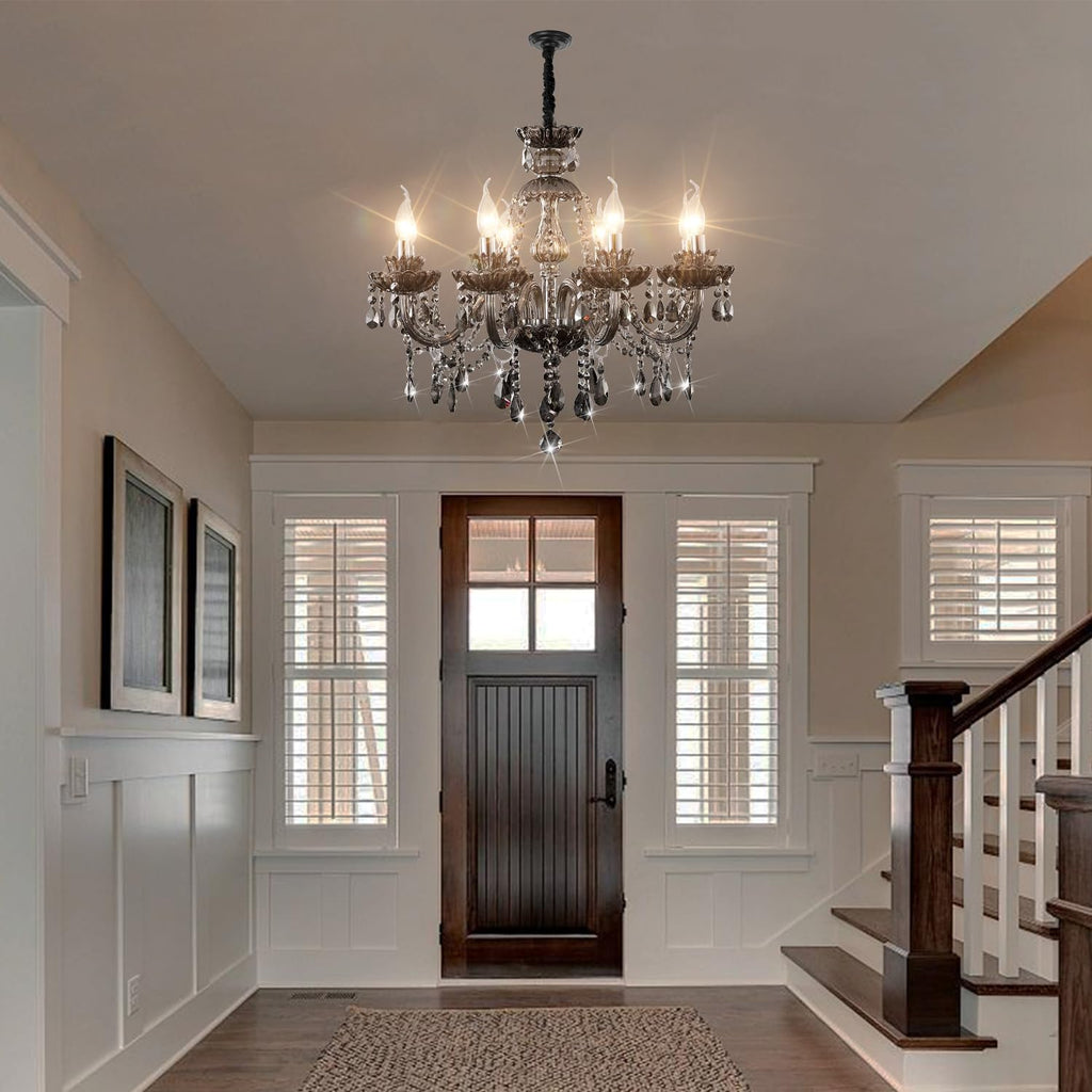 Luxurious Smoky Gray Crystal Chandelier for Living Room, Antique 6-Lights Teardrop Candle Chandelier Pendant Ceiling Lighting Fixture for Kitchen Dinner Party Closet Entryway of CRYSTOP