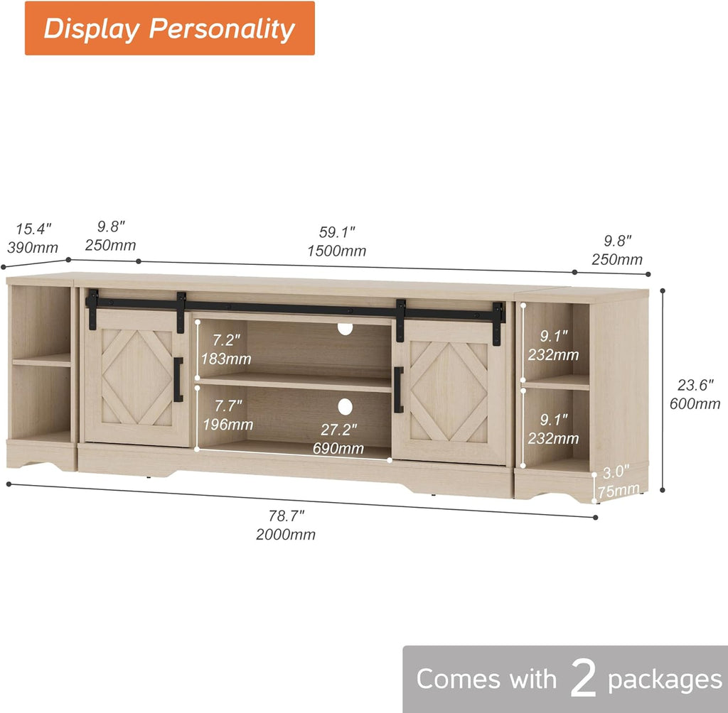 WAMPAT 3-in-1 Modern Farmhouse TV Stand for up to 85' TV, 23.6' H Wood Entertainment Center with Sliding Barn Door and Adjustable Media Storage Shelf for Living Room, Beige
