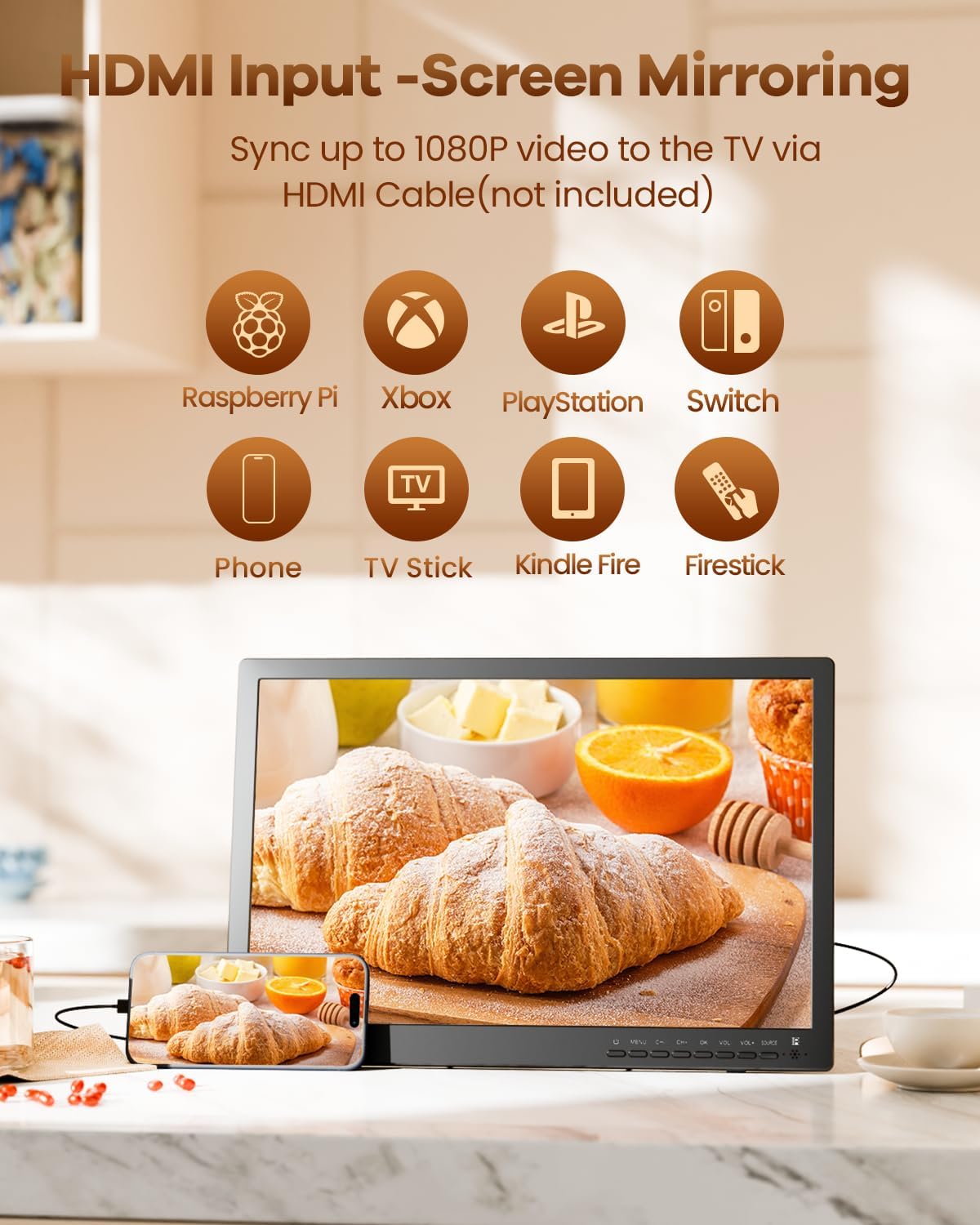 NORTHING 1080P 12 Volt Portable TV with Antenna/USB/HDMI/AV, for Camping Home Kitchen Power Outage, Sleep Timer (Inches, 17)