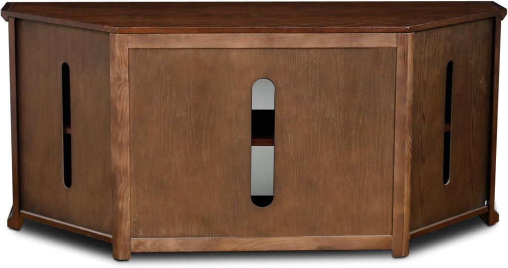 Leick Home Riley Corner TV Stand 60 in, Burnished Oak, Solid Wood, Beveled Tempered Glass, Blackened Hardware, Adjustable Shelf, Easy Assembly, 56 in L x 20 in W x 25 in H, Item 80386