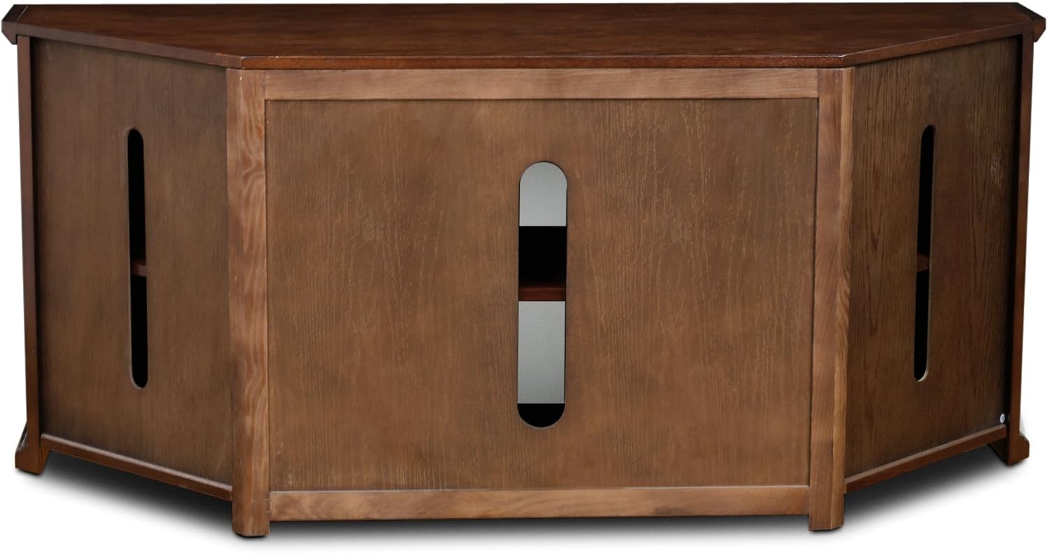 Leick Home Riley Corner TV Stand 60 in, Burnished Oak, Solid Wood, Beveled Tempered Glass, Blackened Hardware, Adjustable Shelf, Easy Assembly, 56 in L x 20 in W x 25 in H, Item 80386