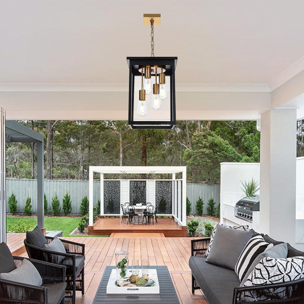 Yaohong Large Outdoor Pendant Light, 4-Lights Black and Brushed Brass Exterior Hanging Porch Chandelier Lantern with Clear Glass, Outdoor Ceiling Light Fixture for Entryway Gazebo Patio