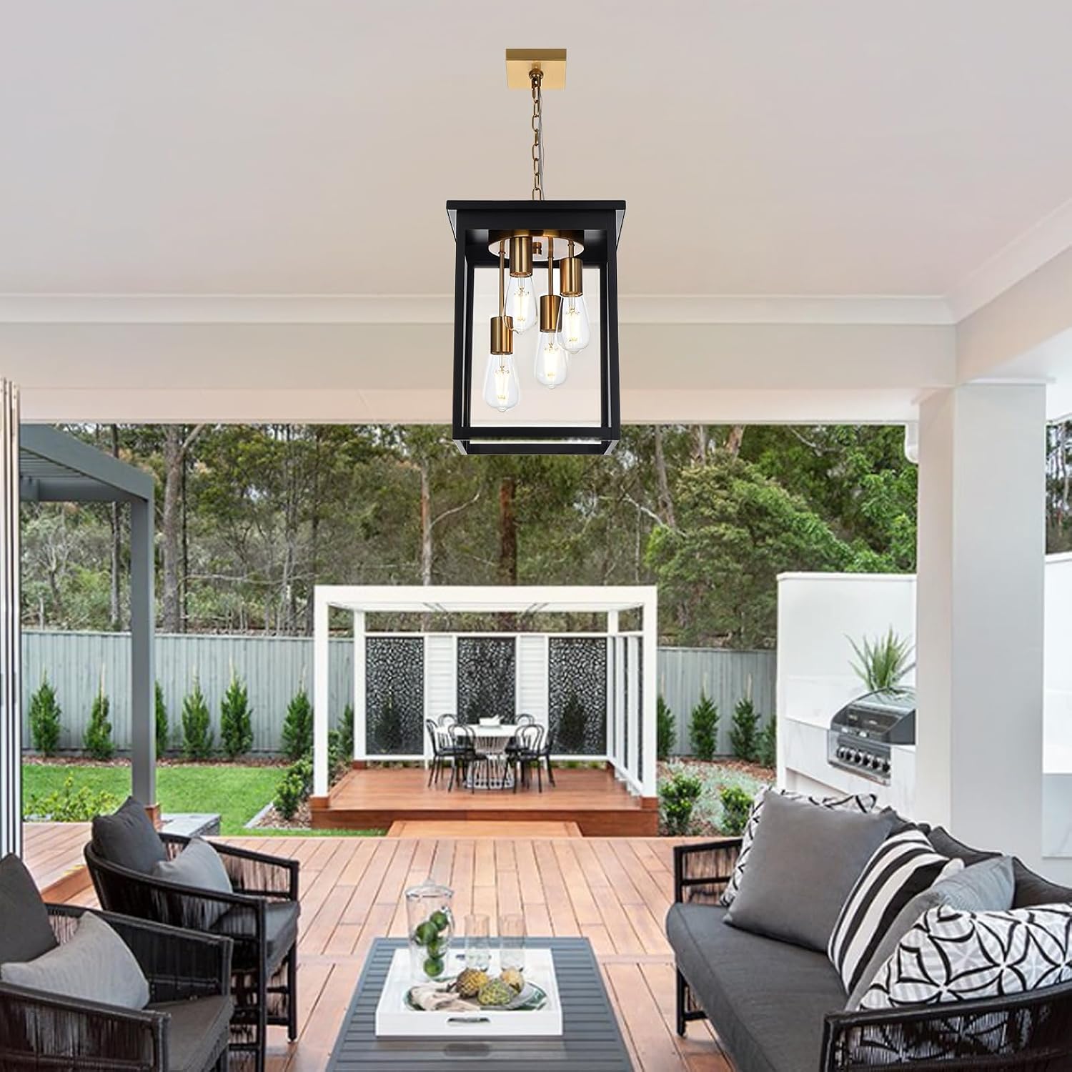 Yaohong Large Outdoor Pendant Light, 4-Lights Black and Brushed Brass Exterior Hanging Porch Chandelier Lantern with Clear Glass, Outdoor Ceiling Light Fixture for Entryway Gazebo Patio