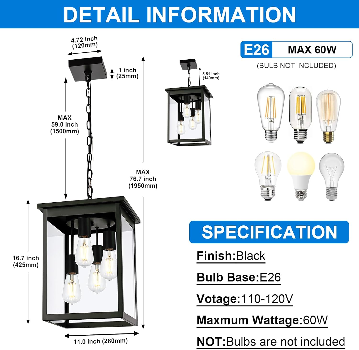 16.7'' Outdoor Pendant Lights for Porch, 4-Lights Black Exterior Pendant Light with Clear Glass, Outdoor Porch Light Ceiling Mount Outdoor Hanging Light Fixture for Gazebo, Patio, Entryway