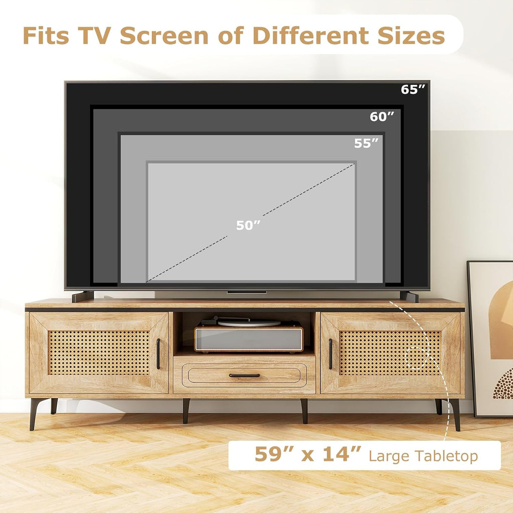 Tangkula Boho TV Stand for 65 Inch TVs, Mid Century Modern Media Entertainment Center with Drawer, 2 Cabinets with Rattan Doors, Metal Legs, Cable Hole, TV Console Table for Living Room (Oak)