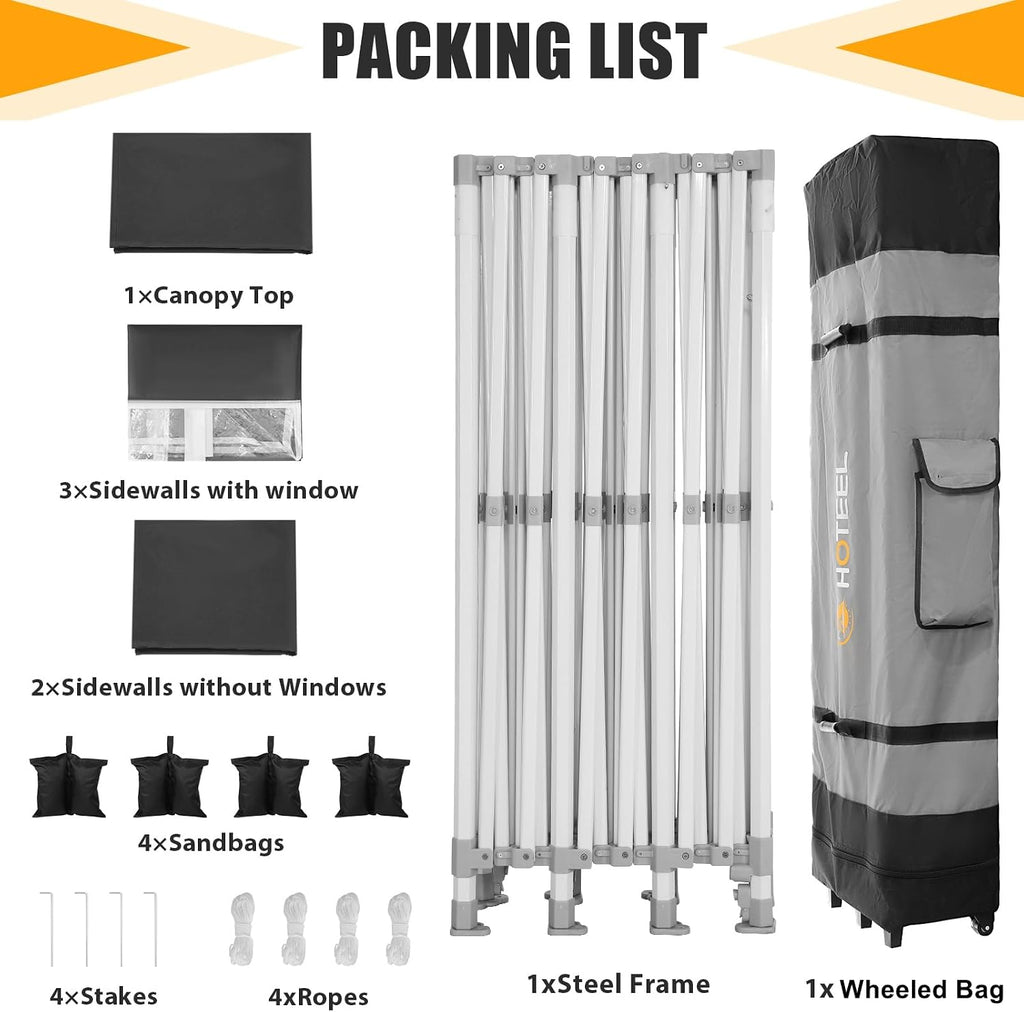 HOTEEL 10x30 Heavy Duty Pop Up Canopy Tent with 5 Sidewalls&Wheeled Bag, Commercial Event Party Tent Wedding Instant Canopy Waterproof, Upgraded Thicked Hexagonal Legs, UV 50+, Black