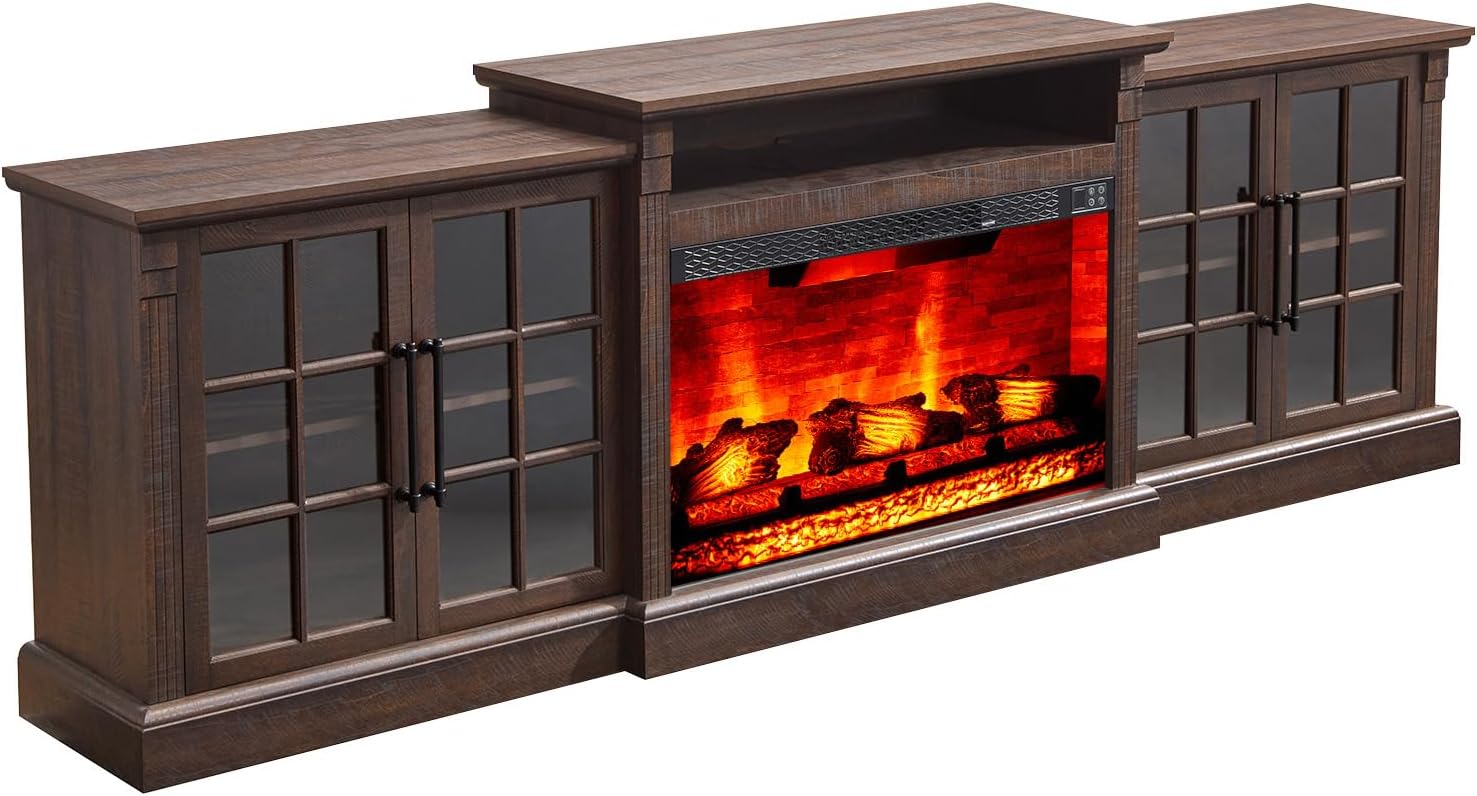 AMERLIFE 97' Farmhouse Fireplace TV Stand, Entertainment Center with Large Storage Space and Adjustable Shelf, Media Console for Living Room, Rustic Brown